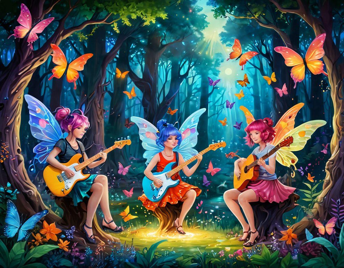 A mystical forest scene featuring vibrant rockstar pixies with colorful hair and sparkling outfits, playing musical instruments and painting on large canvases. The pixies are surrounded by glowing butterflies and whimsical swirling colors in the air, depicting a sense of creativity and inspiration. Soft light filters through the trees, highlighting the enchanting atmosphere. vivid colors. fantasy art. whimsical style. magical background.
