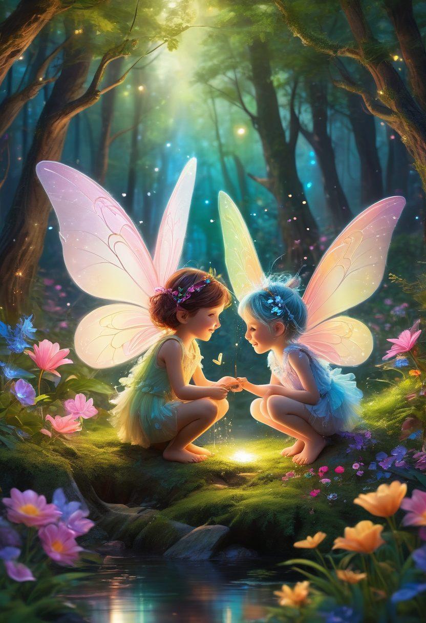 A whimsical scene of cheerful pixies painting a vibrant canvas in a lush forest, surrounded by colorful flowers and sparkling fairy lights. The pixies, with their glittering wings and joyful expressions, interact with the canvas, splashing it with pastel colors that come to life. Magical creatures like butterflies and birds flutter around, adding to the enchanting atmosphere. The light filters through the trees, creating a dreamy ambiance. super-realistic. vibrant colors. fantasy art.