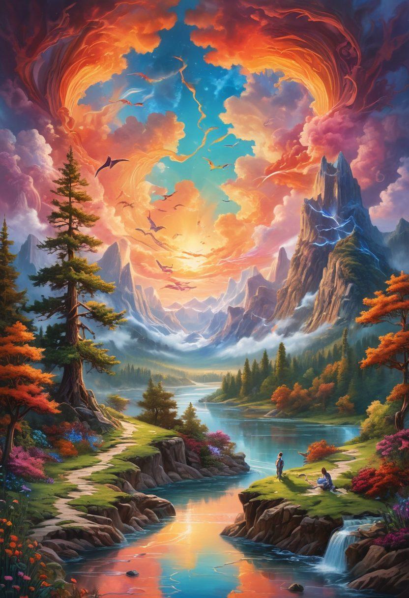 A surreal landscape filled with vibrant mythical icons like dragons, fairies, and unicorns, each radiating colorful light that inspires artists around them. In the foreground, a diverse group of artists, including painters and sculptors, passionately creating their art amidst swirling clouds of creativity. Background features harmonious nature elements like lush forests and sparkling rivers, symbolizing joy and inspiration. The sky is painted with a vivid sunset, casting a magical glow. painting. super-realistic. vibrant colors.